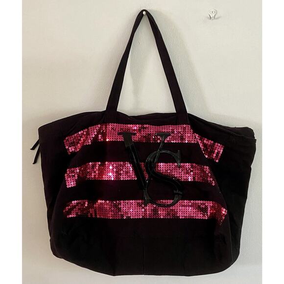 Victoria's Secret VS Logo Black Pink Sequined Weekender Tote Bag Duffle Large - Picture 1 of 6